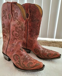STERLING RIVER Red Crackle Leather Boots womens size 9 embroidered western chic - Picture 1 of 12