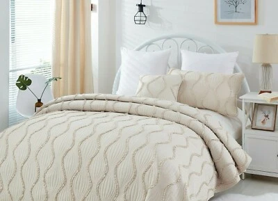 DaDa Bedding Boho Chic French Country Tufted Ruffles Ivory Cream Bedspread Set - Image 1 of 4