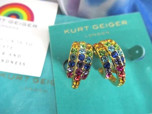 KURT GEIGER LONDON 14Kt Gold Plated 3 Row Pave Hoop Earrings Gift Pouch  NEW - Picture 1 of 9