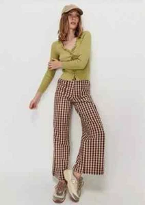 NWT GHANDA Womens 8 DONNA PANTS Brown Coffee CHECK High Waist GREAT FIT flare - Picture 1 of 7