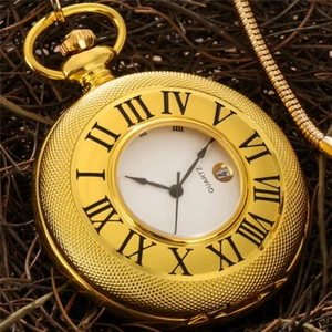 Cared Roman Numeral Cover Hollow Date Quartz Pocket Watch for Men Women Chain - Picture 1 of 16