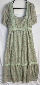 Influence Cottage Core Maxi Tiered Ruffle Pleated Dress Green Floral Size 12 - Picture 1 of 19