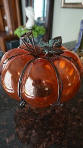 Unusual Large Glass and Metal Lighted Pumpkin - Picture 1 of 9
