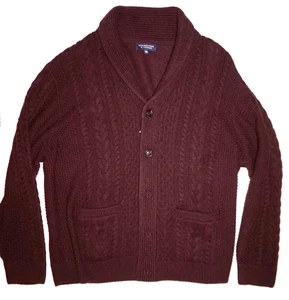 Cable Knit Cardigan Sweater Shawl Collar Burgundy XXL Wool Blend Roundtree Yorke - Picture 1 of 5
