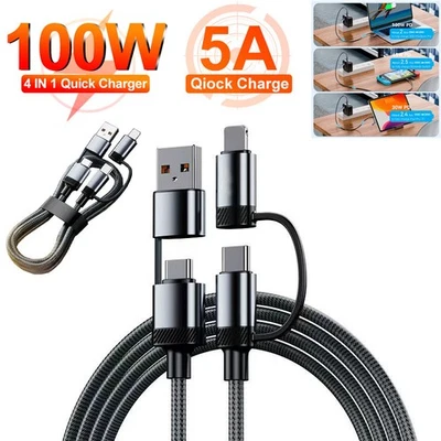 4-In-1 100W Super Fast Charging Cable Charger Data Cord Usb-C For iPhone Samsung - Image 1 of 4