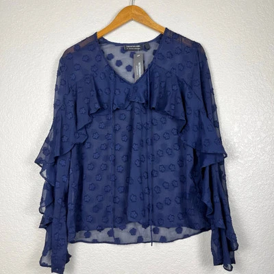 Sheer Blouse Womens Medium Long Sleeve Blue Swissdot Fairy Whimsigoth Romantic - Image 1 of 4