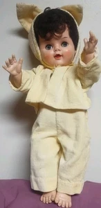Vintage Doll 1950s 15” drink n wet Unmarked Sleepy Eyes Overalls Cat Yellow - Picture 1 of 10