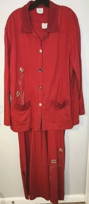 Vintage Donna 2 Piece Dress Set Red With Flower Accents USA 100% Cotton Maxi  - Image 1 of 4