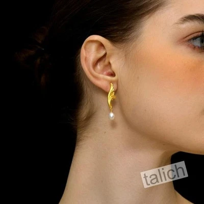 Pendientes de plata de ley 925 chapados en oro con perla elegantes únicos Foto 1 de 4