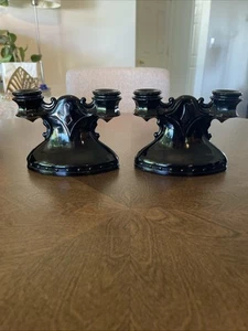 (2) L E Smith Mt Pleasant Black Amethyst Glass Double Tapered Candleholders RARE - Picture 1 of 15