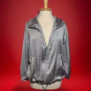 Atmosphere Jacket Zip Front Hood Lightweight Satin Drawstring Silver Gray Sz 4 - Picture 1 of 17