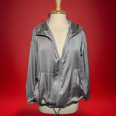 Atmosphere Jacket Zip Front Hood Lightweight Satin Drawstring Silver Gray Sz 4 - Image 1 of 4