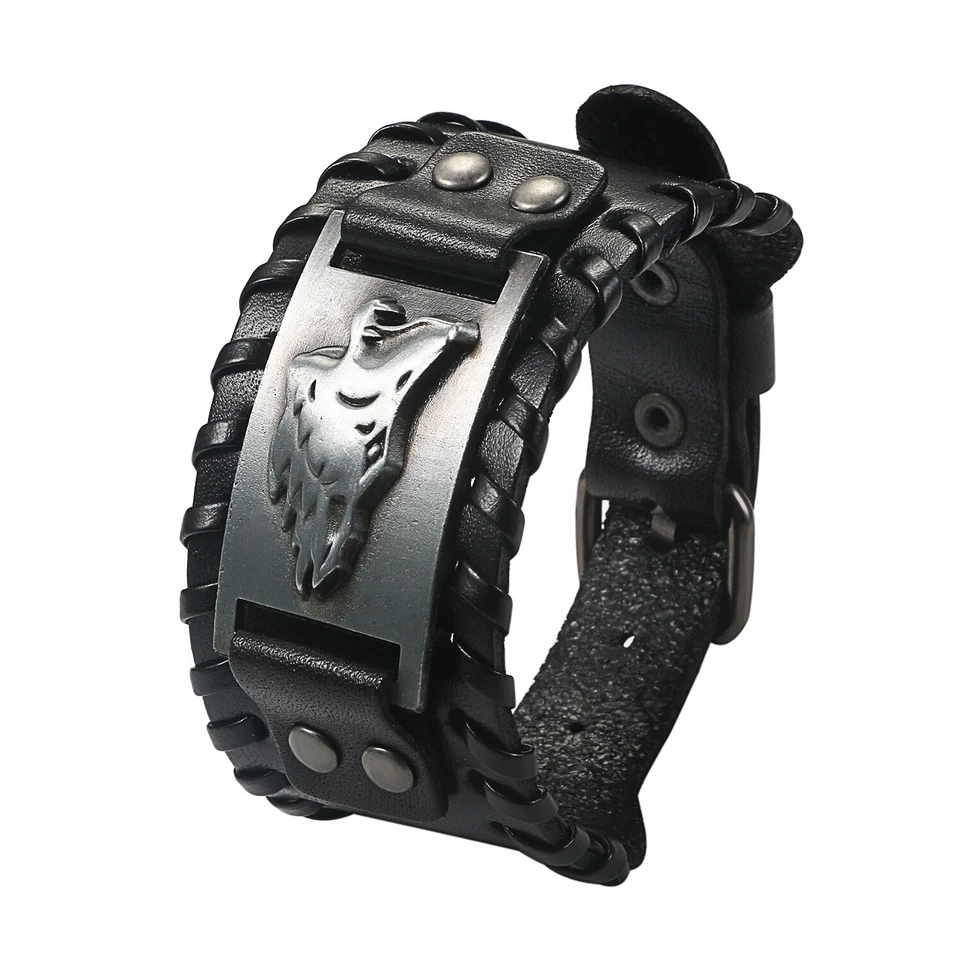 Brazalete de cuero ajustable gótico punk rock cabeza de lobo ancha para hombre Foto 1 de 1