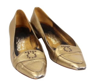 VTG Salvatore Ferragamo GOLD GENUINE LEATHER POINTED BALLET SLIP ON SHOES Sz 5 - Picture 1 of 11