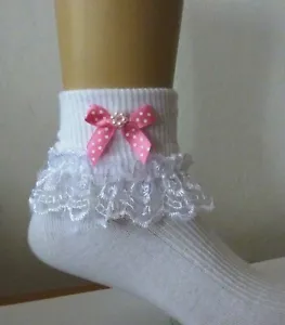 NIÑAS CALCETINES DE ENCAJE CON VOLANTES BLANCOS TALLA MUCHOS TAMAÑOS ROSA INTENSO CON LUNARES BLANCOS - Imagen 1 de 1