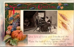 Thanksgiving Spinning Wheel Wheat Pumpkin Winsch Embossed c1910s postcard BQ2 - Picture 1 of 2