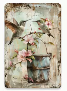 ARTE METÁLICO - Colibríes, Rosa Floral, 8x12" Estilo Vintage Arte Metal - Imagen 1 de 3