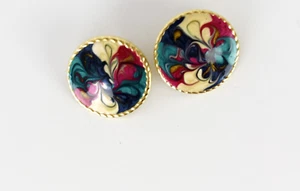 Orecchini Vintage Tondo Magenta, Giada e Blu Navy Marmorizzato Tono Oro Post - Foto 1 di 4