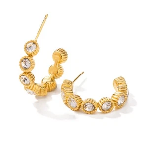 18ct Gold-Plated Chunky Half Hoop Stud Earrings with Crystal Cubic Zirconia - Picture 1 of 1