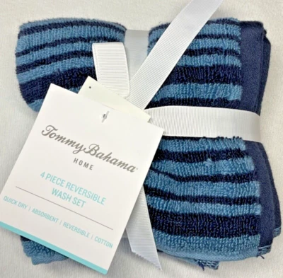 TOMMY BAHAMA 家庭 WASHCLOTHS (4) 蓝色条纹 100% 棉 13 X 13 全新带标签 — 第 1/3 张图片