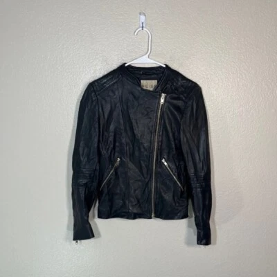 Reiss Leather Jacket Womens 4 Moto Zip Black Lamb Coat Biker Punk Rocker - Image 1 of 4