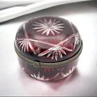 Vintage Ruby Red Cranberry Cut to Clear Glass Box Hinged Round Jewelry Trinket