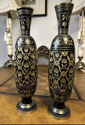 Pair of Vintage Capri Brass Vases–13"  Hand-Etched Black & Gold Floral–Made Indi - Image 1 of 4