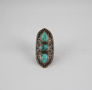 Vintage Artisan Turquoise 925 Etched Sterling Silver Three Stone Ring - Size 6 - Picture 1 of 4