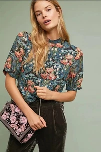 Anthropologie Meadow Rue Basilique Top Floral Metallic Blouse Dress Shirt Sz 8 - Picture 1 of 15