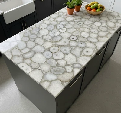 White Agate Modern Kitchen Island Top – Luxury Gemstone Countertop | Handcrafted - Image 1 of 4