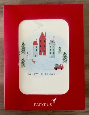 20 PAPYRUS notecard red envelope WINTER holiday CHRISTMAS trees SNOWMAN truck - Image 1 of 3