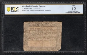 MD-83 DECEMBER 7, 1775 $2/3 TWO THIRDS DOLLAR MARYLAND NOTE COLONIAL PCGS F-12 - Picture 1 of 2