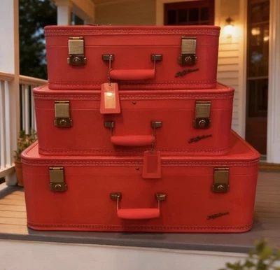 Vintage 1950s Lady Baltimore Red 3 Pc  Nesting Hard Luggage Suitcase Set 3 Keys - Image 1 of 4