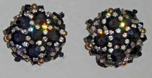 Vintage Lois Ann Clip Earrings Black & Clear Rhinestones & Beads Silver Tone Met - Picture 1 of 3