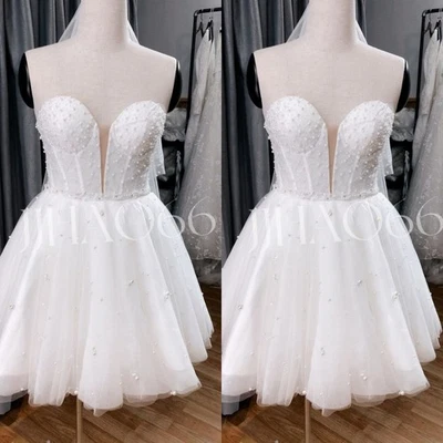 Short Mini Wedding Dresses Pearl White Sleeveless Beach Boho Summer Bridal Gowns - Image 1 of 4