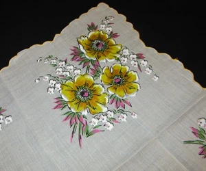 Vintage Hankie Yellow Floral Pink Accents White Backdrop Scalloped - Picture 1 of 2