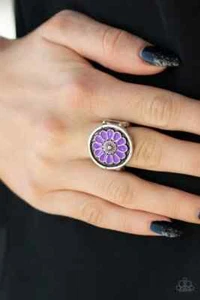 Paparazzi  "Garden View" Antique Silver & Purple Enameled Floral Flex Fit Ring - Picture 1 of 2