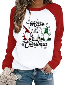 Merry Christmas Gnomes Sweatshirt Long Sleeve Xmas Holiday Tree Graphic Top - Picture 1 of 20