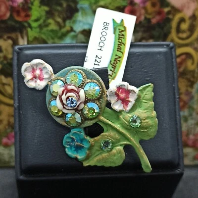 Broche Michal Negrin Tallado Rosa Colorido Esmalte Flor Aurora Verde Cristales Foto 1 de 4