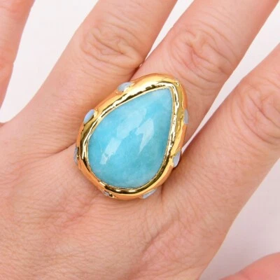 Anillo Lágrima Pavimentado Larimar Amazonita Peruana Azul Anillos Galvanizados en Oro Foto 1 de 4
