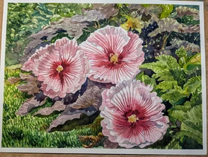 Original Aquarell Gemälde 12"x 9" Rosenmalve Hibiskus - Bild 1 von 10