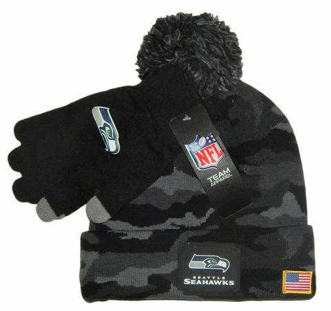Seattle Seahawks NFL Camo Beanie and Gloves Set Salute to Service OS $50 Cover