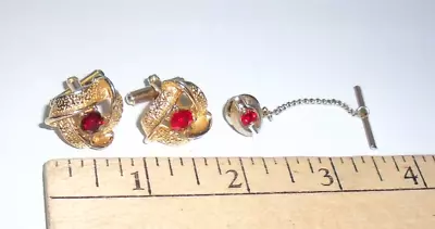 Vintage Swank Cufflink & Tie Tack Set Ruby Red Crystals Goldtone - Image 1 of 4