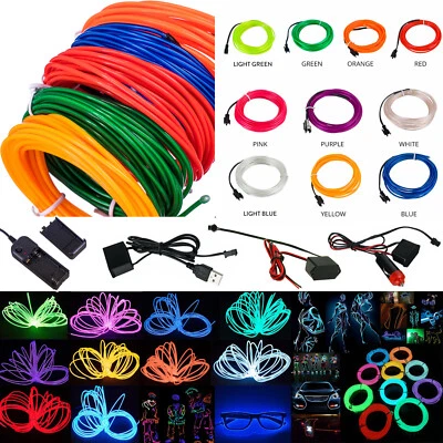 1-5M Neon Glow EL Wire Flexible LED Rope Lamp Cable with Adapter Party Car Decor - Image 1 of 4