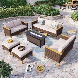 Patio Furniture Set Outdoor Wicker Rattan Sofa Conversation With Fire Pit Table - Picture 1 of 6