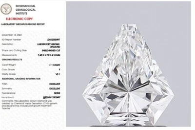 1.11 Shield Cut Lab Grown Diamond For Engagement Ring IGI Certified F VS1 - Image 1 of 4