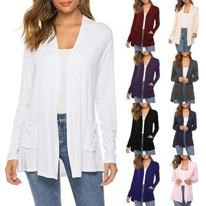 Women Long Sleeve Cardigan Solid Open Front Casual Top Blouse with Pockets Coat - Picture 1 of 51