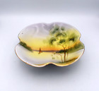 Nippon Hand Painted Pedestal Dish Sailboat Lake Sunset Gold Rim Clover Shaped 9"