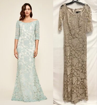 TADASHI SHOJI Latte Gold Metallic Corded Lace Off the Shoulder 3/4 Sleeve Gown 6 - Image 1 of 4