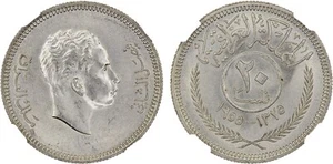 IRAQ/IRAK , SILVER 20 FILS 1955 KING FAISAL 2ND - NGC MS 65 , RARE66 - Picture 1 of 3